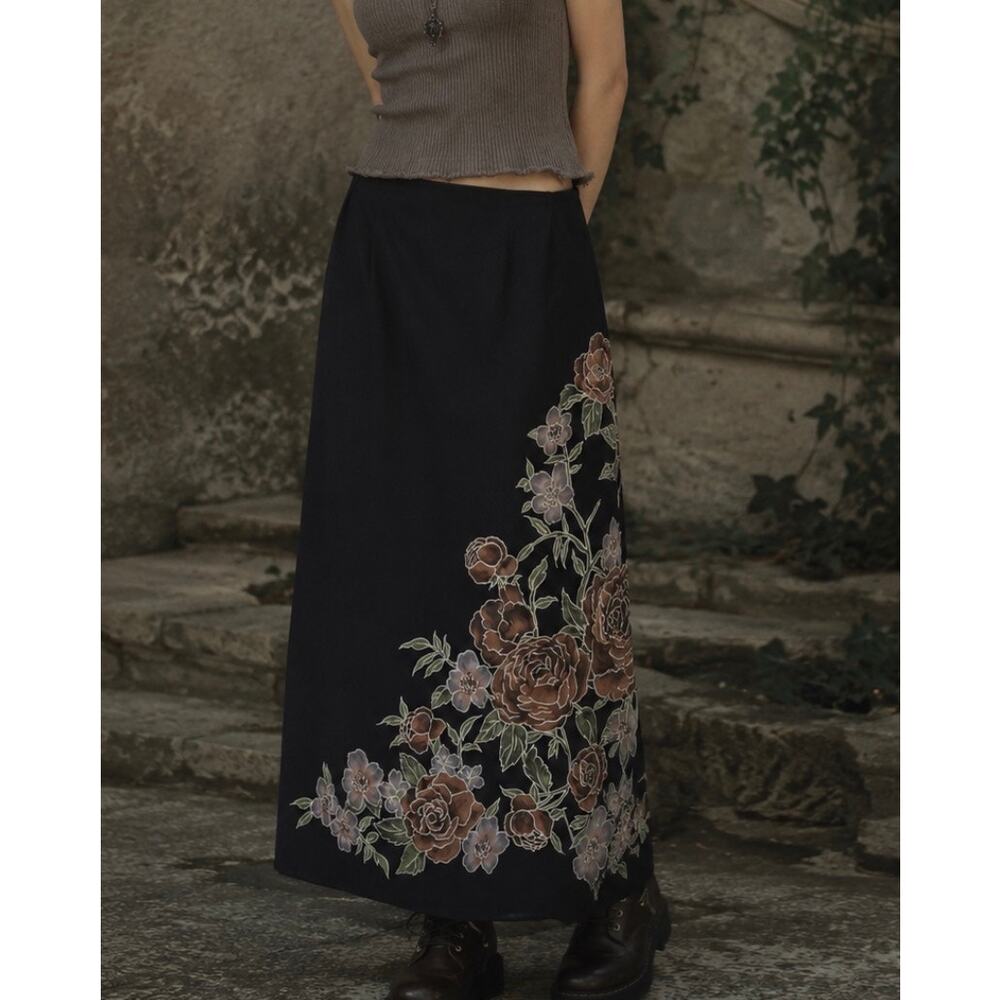 Vintage AGB maxi skirt straight pencil black floral fairy grunge 90s Y2K goth S